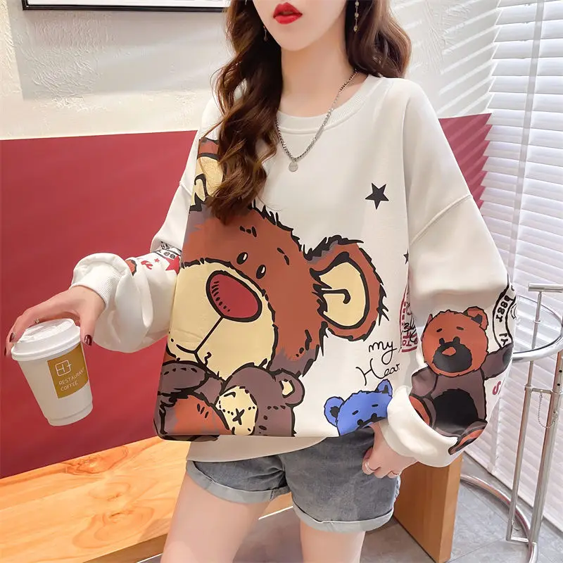 Round Neck Green Graphic Women\'s Sweatshirt Loose Kawaii Cute Pullovers Woman Clothing Top Baggy Warm Emo E Harajuku Fashion