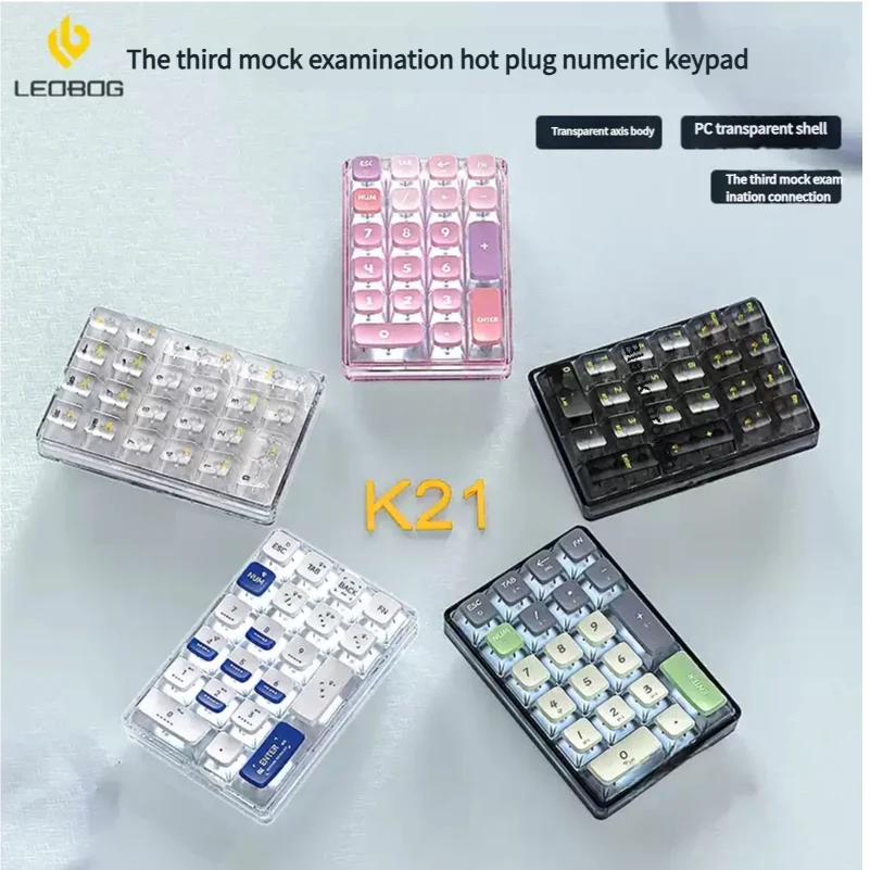 

LEOBOG K21 21-keys Wireless Numeric Keypad, 3 Modes PC Transparent Numpad with Pudding Keycaps,ot Swappable, RGB Ice Crystal