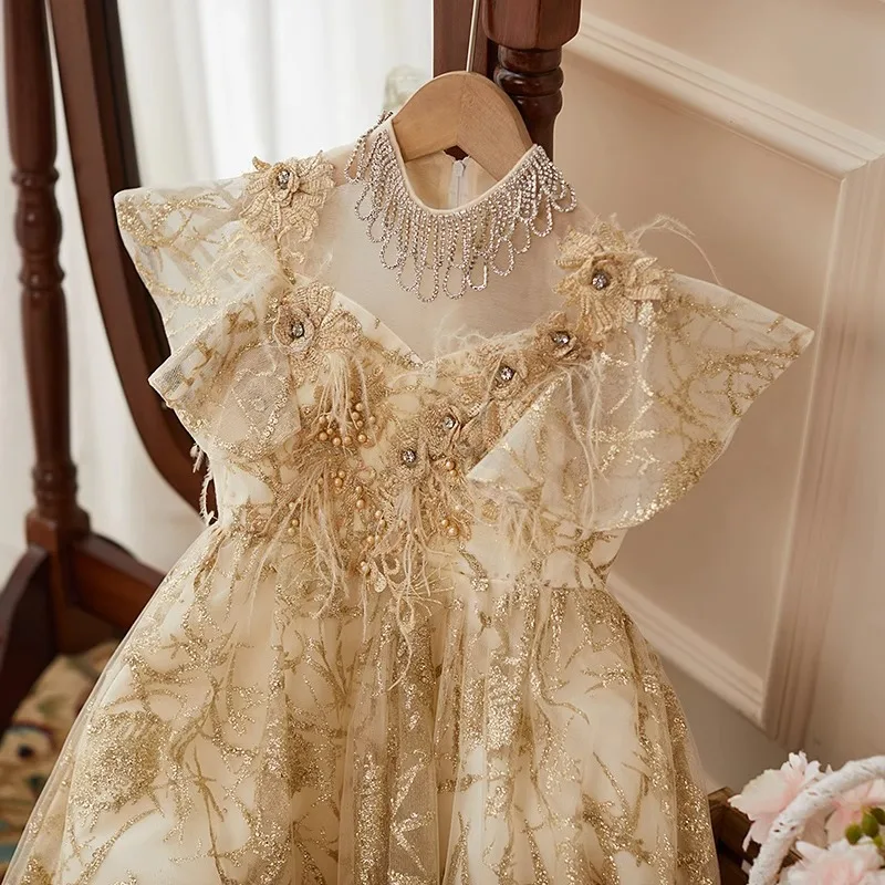 Robe bouffante à col haut avec perles pour enfants, robes de demoiselle d'honneur champagne pour la fête de mariage, robe pour occasions spéciales de reconstitution historique de Rh, image réelle