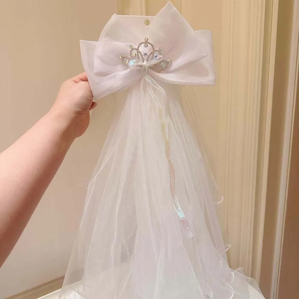 

Creative White Veil Hair Clip Bow Mesh Girls Head Gauze Rhinestone Beads Bridal Tulle Birthday Headdress