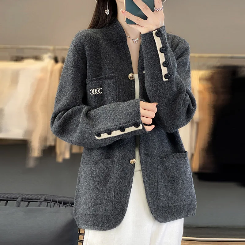 Women Clothing 100 Wool Cardigan, Thick Soft, Pockets, Chic Button Knitted Sweater Coats, Casual Loose Fashion Knitwear,Winter