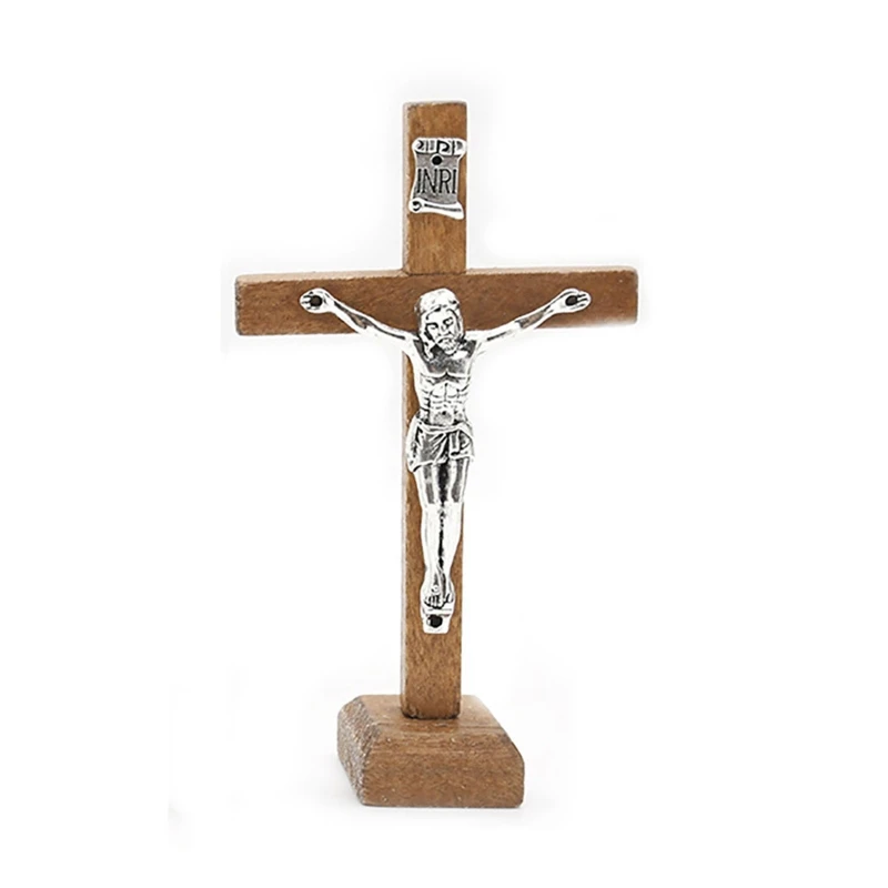 GJ Table Wooden Catholic Jesus for Cross with Stand Vintage Religious Christian Standing Crucifix Church Home Shelf Tabletop for