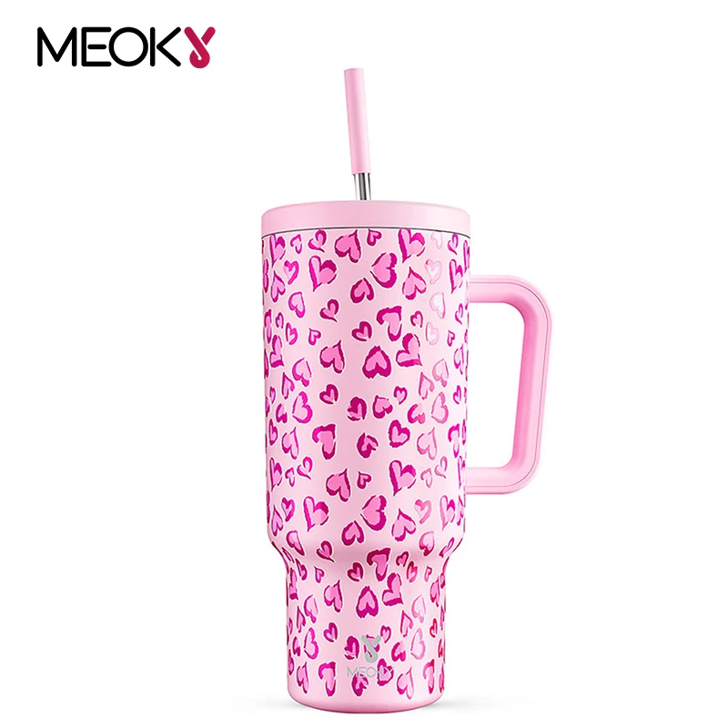 

Meoky 40oz Cup Tumbler with Handle Straw Lid Pink Prints Stainless Steel Durable Car Mug Double Wall Thermal Iced Travel Cup