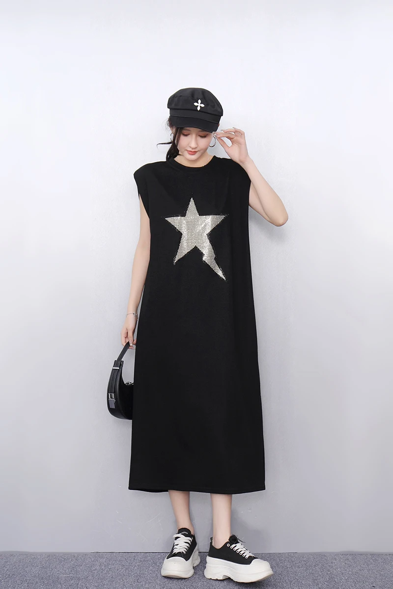 

2025 Spring Summer Fashion Elegant Printed Loose Long T-shirts Dresses Women Sleeveless Dress Ladies J1078