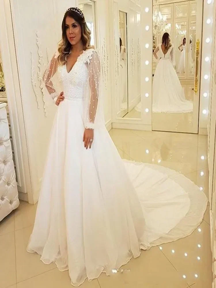 Customized  V Neck Lace Wedding Dresses Robe De Mariée Sweep Train A-Line Long Sleeves Backless Country Style Bridal Gown