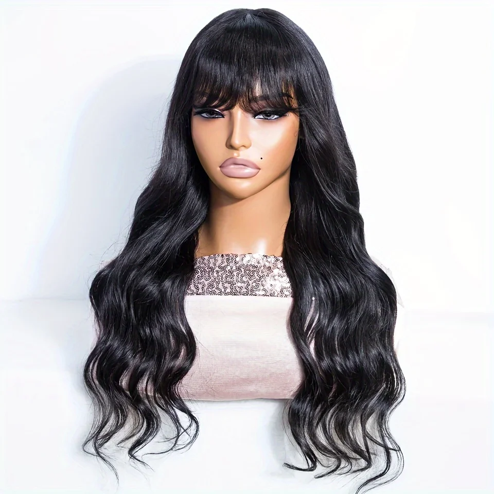 Body Wave Human Hair Wigs With Bangs Brazilian Remy Hair Wigs Machine Made Wig Natural Color For Women 200% Density image 4