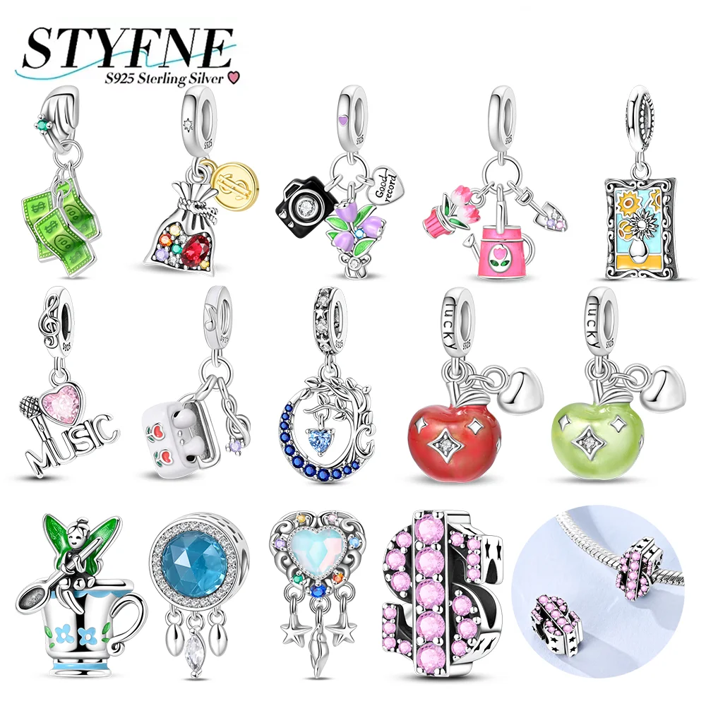 

New 925 Silver Charms Pink Zircon Dollar Beads Headphones Music Microphone Pendant Fit Women Diy Original Bracelet Jewelry Gift