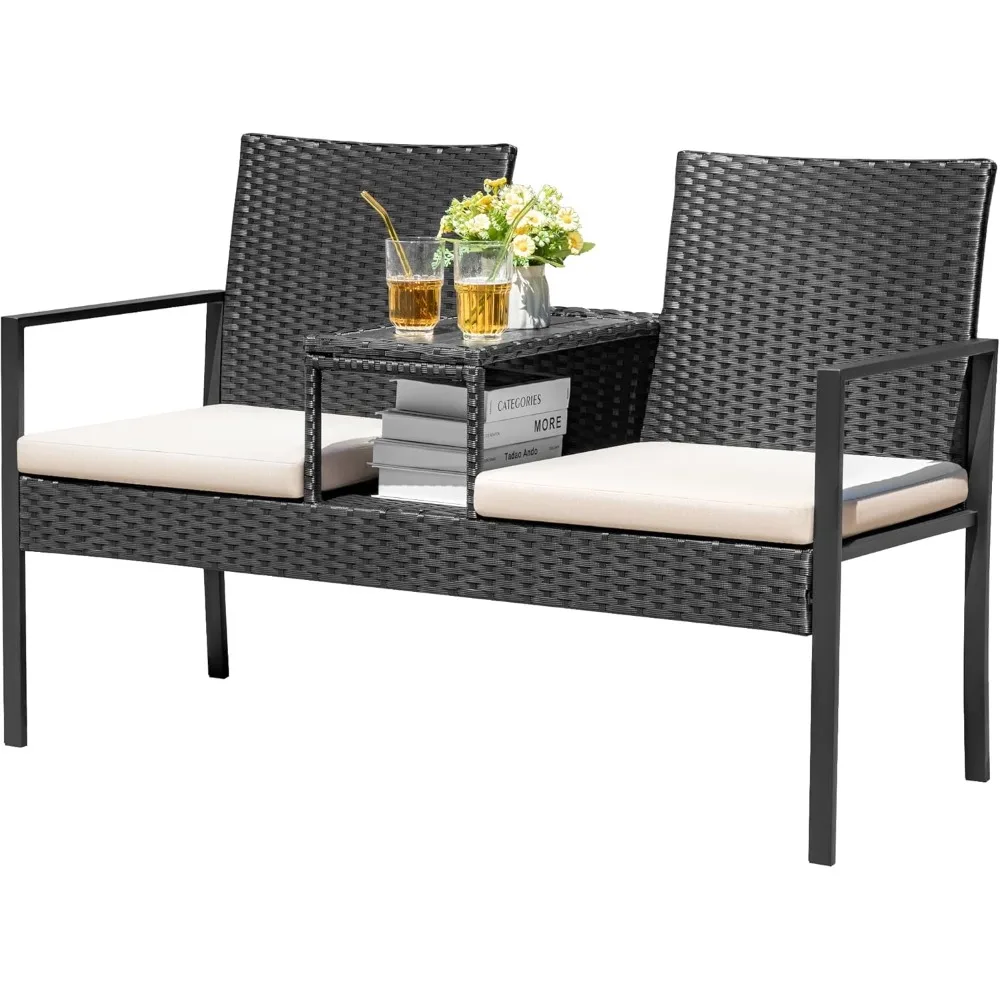 

Patio Conversation Sets Outdoor Loveseat with Built-in Table & Cushions Wicker Patio Furniture Porch Chairs Bench for Lawn, Bac