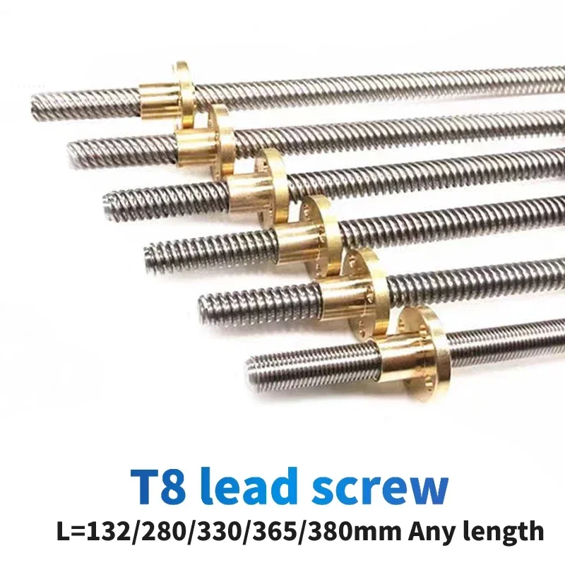 T8 Lead Screw With nut OD 8mm Lead 2mm Pitch 2mm 100mm 380mm 365mm 400mm 500mm Lead Screw With Brass Nut Reprap 3D Printer Parts