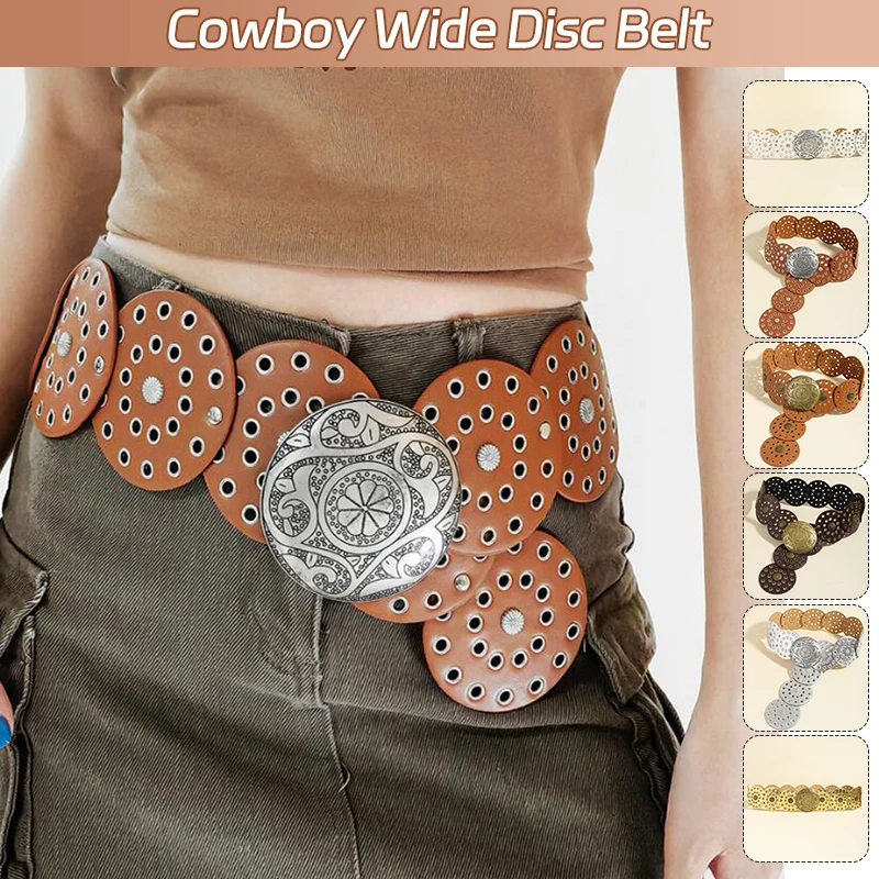 

Exaggerated Round Hollow Out Belt Vintage Disc Wide Belts Metal Buckle New Cowboy Western Style for Women Waist Accessory