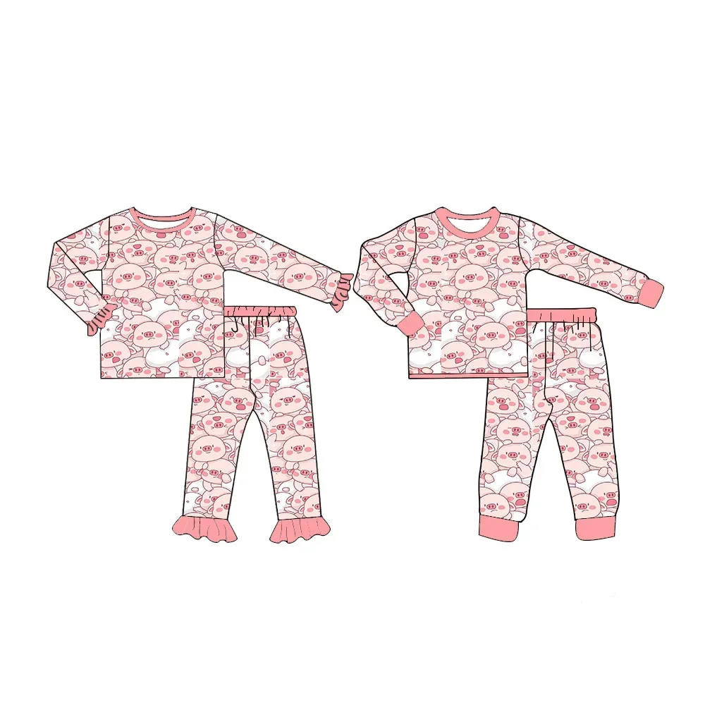 Wholesale custom baby pajamas set newborn jumpsuit Cute Piggy Print Pink Suit Milk Silk Material Sibling Set