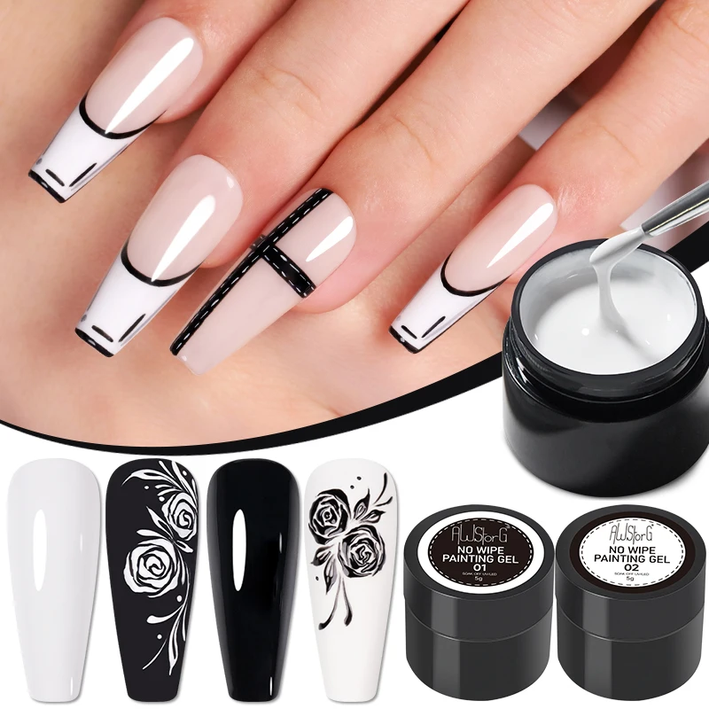 AWStorG 2Pcs No Wipe Painting Gel For Nail Art Soak Off UV LED Gel White Black 5g Long Lasting Nail Gel Coverage Paint Manicure
