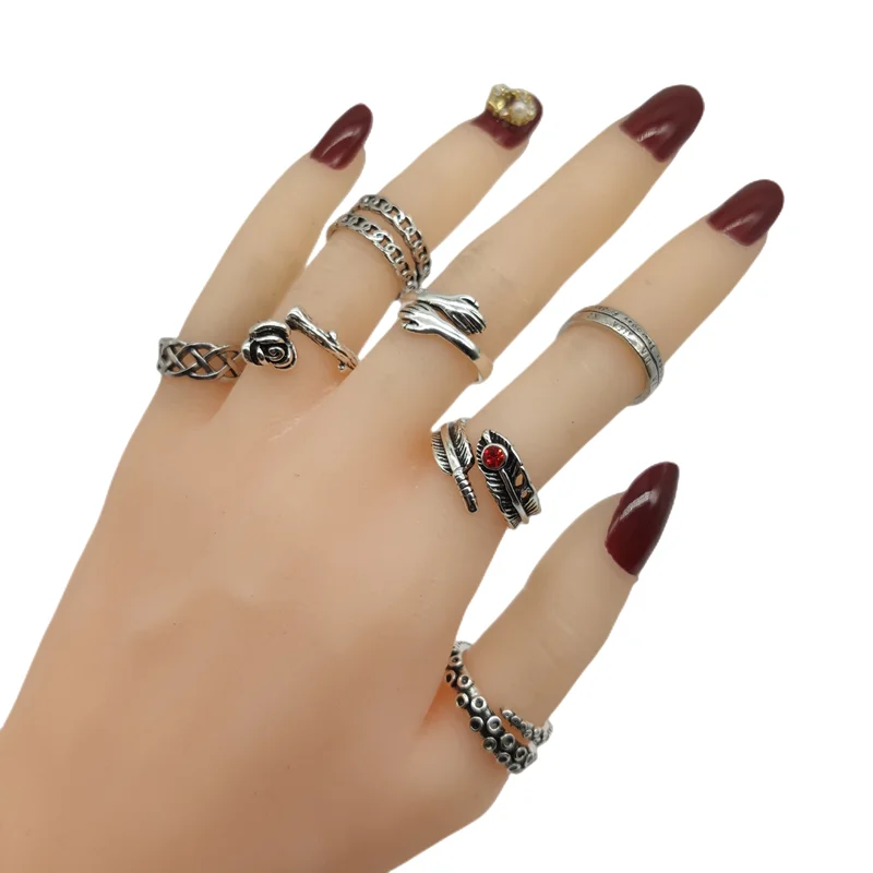 10pcs/Lot Antique Cool New Open Adjust Style Finger Rings For Women Punk Leaf Flower Wings Chain Joint Ring Male Rock Girl Party