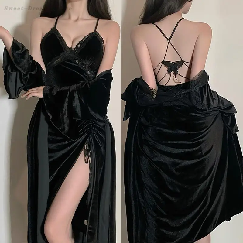 

New Velvet Nighty&Robe Set Lady Sexy Spaghetti Strap Nightdress Lace Hollowed Out Bathrobe Long Nightgown Loose Velour Sleepwear