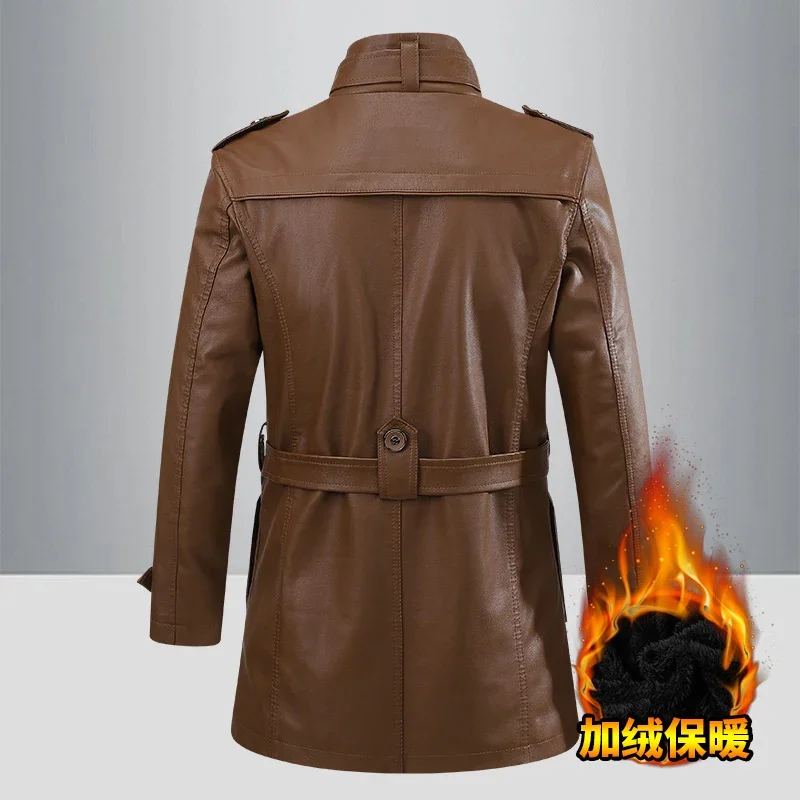 Thick Lined Warm Leather Coat Men Mid Long Winter Casual Zip Overcoat Wind Resistant Outerwear Middle Aged Men