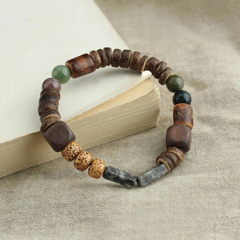 Cylindrical Wood Beads With Natural Stone Bracelet Bangles for Men Women Yoga Healing Balance Jewelry Accessories Jewelry Homme