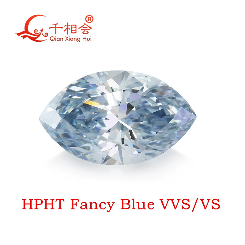 0.74ct fancy blue HPHT lab-grown diamond, marquise cut, VS clarity, GEMID-certified, perfect for unique jewelry designs.