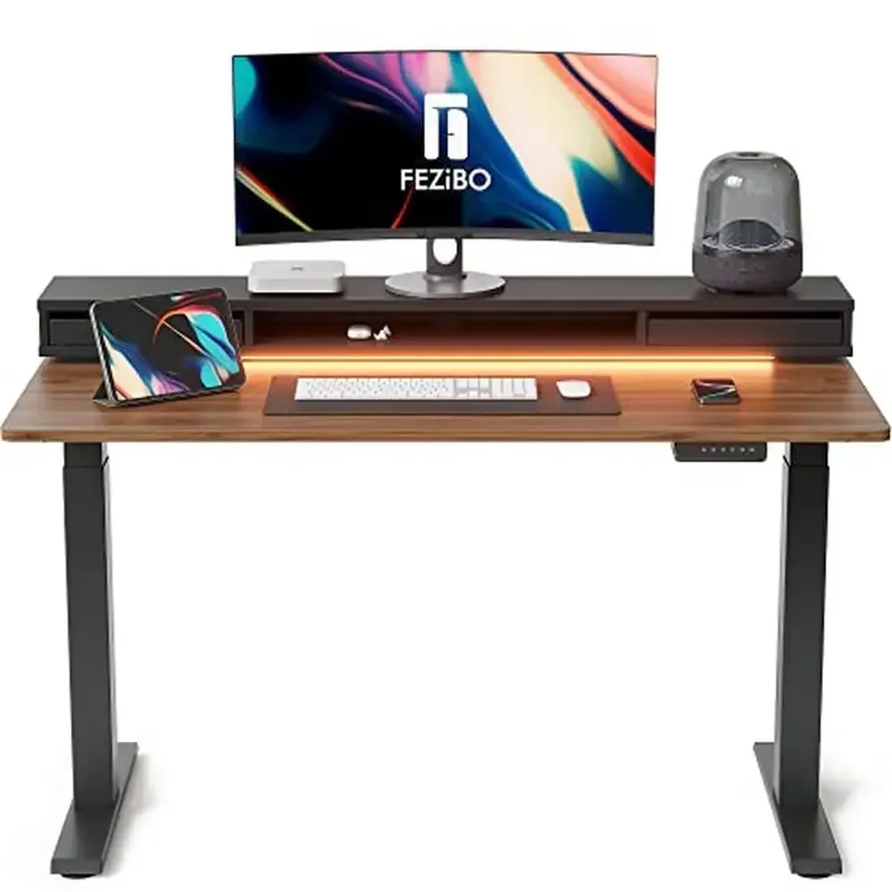 

Height Adjustable Standing Desk Double Drawers LED Strips 176 lbs Capacity Memory Height Buttons