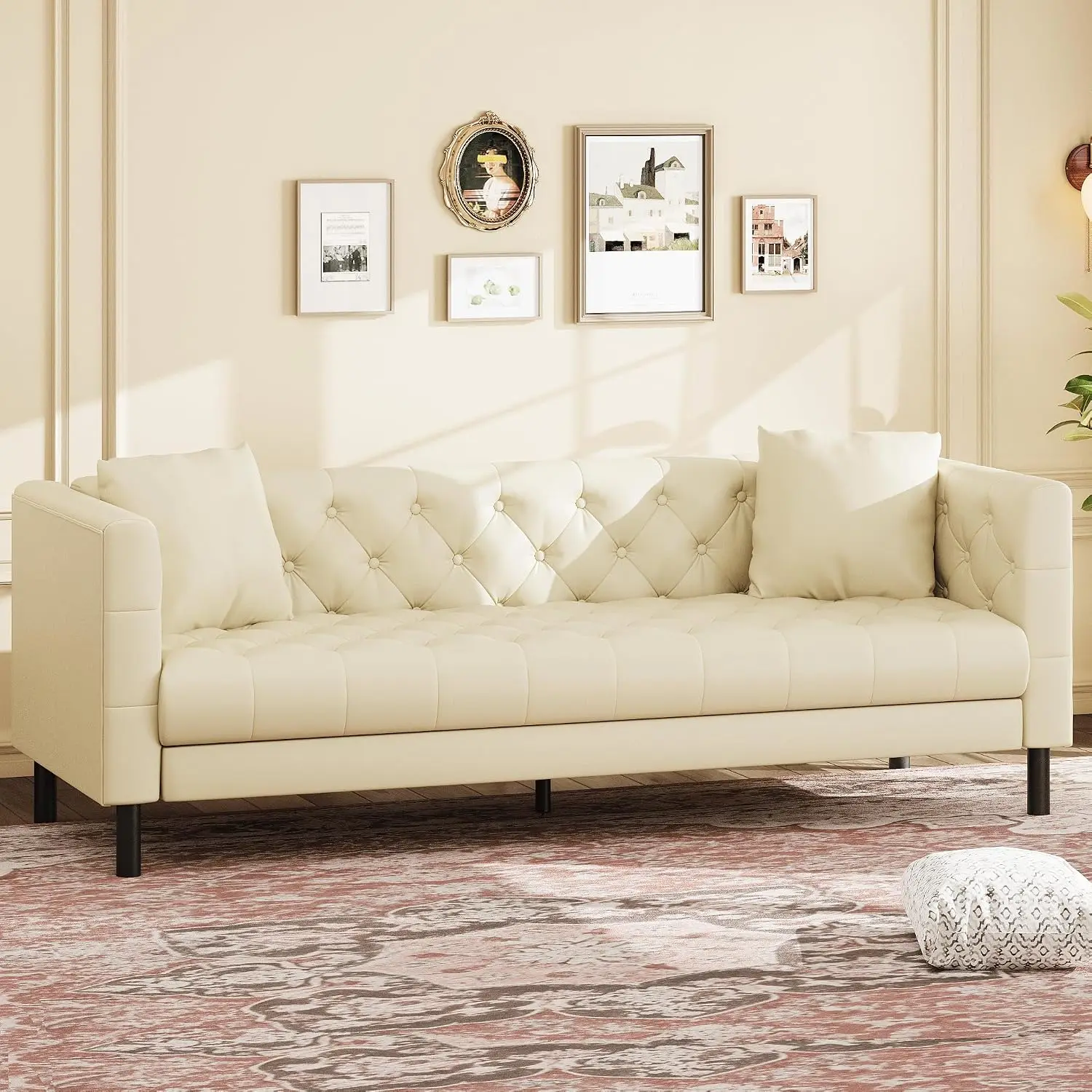 81 in Leather Couch for Living Room, Modern Sofa Couch with Deep Seat, Handmade Button Tufted 3 Seater Sofa, Leather, Custom
