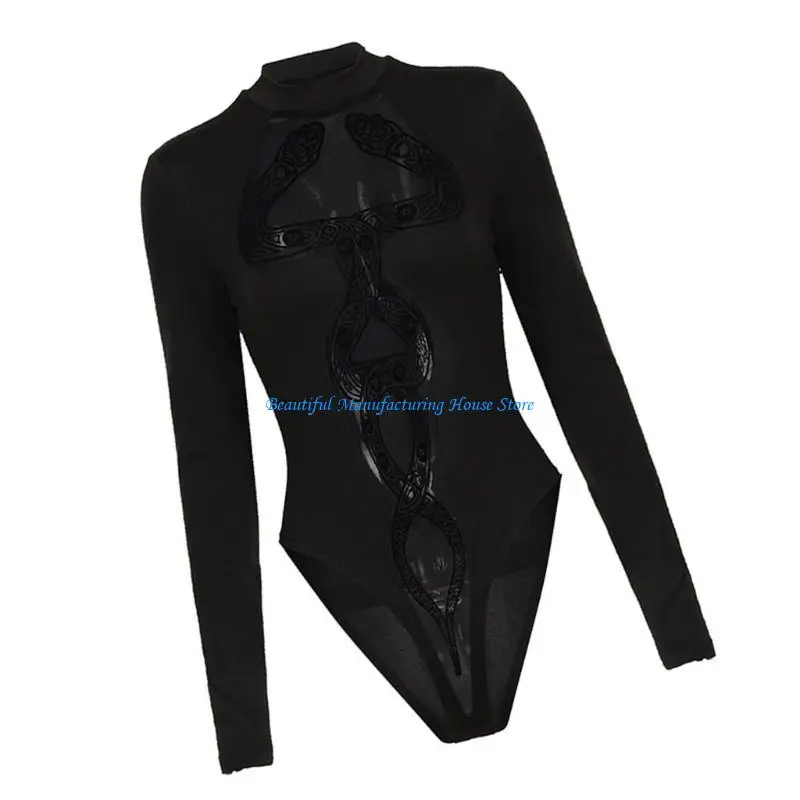 

E56A Mesh Detailing Bodycon Jumpsuit Snake Print Long Sleeve Bodysuit Nightclub Wear