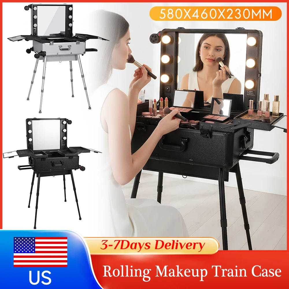 

Rolling Makeup Trolley Case with Mirror Lights Wheels Detachable Foldable Beauty Box for Salon Travel Barber Artist Dressing ﻿