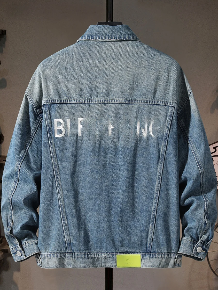 

High-End Embroidered Men's Denim Jaet Loose Casual Retro American Motorcycle Waed Heavy-Du Workwear Faionable