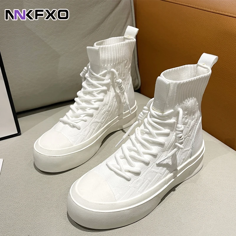 

2023 New Solid Fashion Ankel Boots for Women Autumn Winter Stretch Fabric Sock Boots Round Toe Flat Boots Lace Up Boots QB190