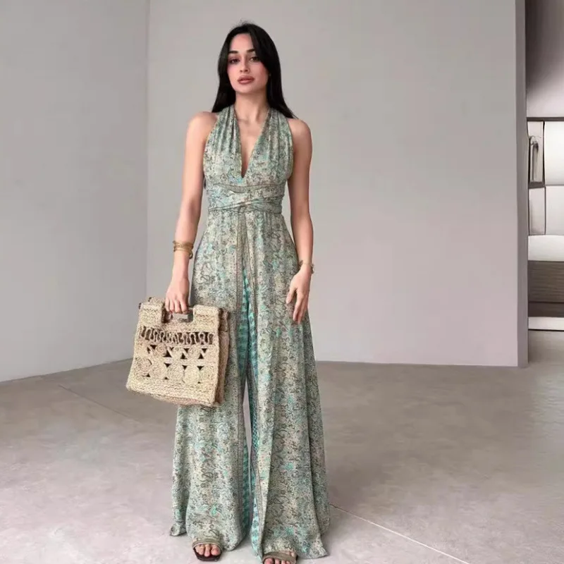 

2024 Summer New Fresh Floral High Waisted Sexy Backless Wide Leg Jumpsuit Pants for Women