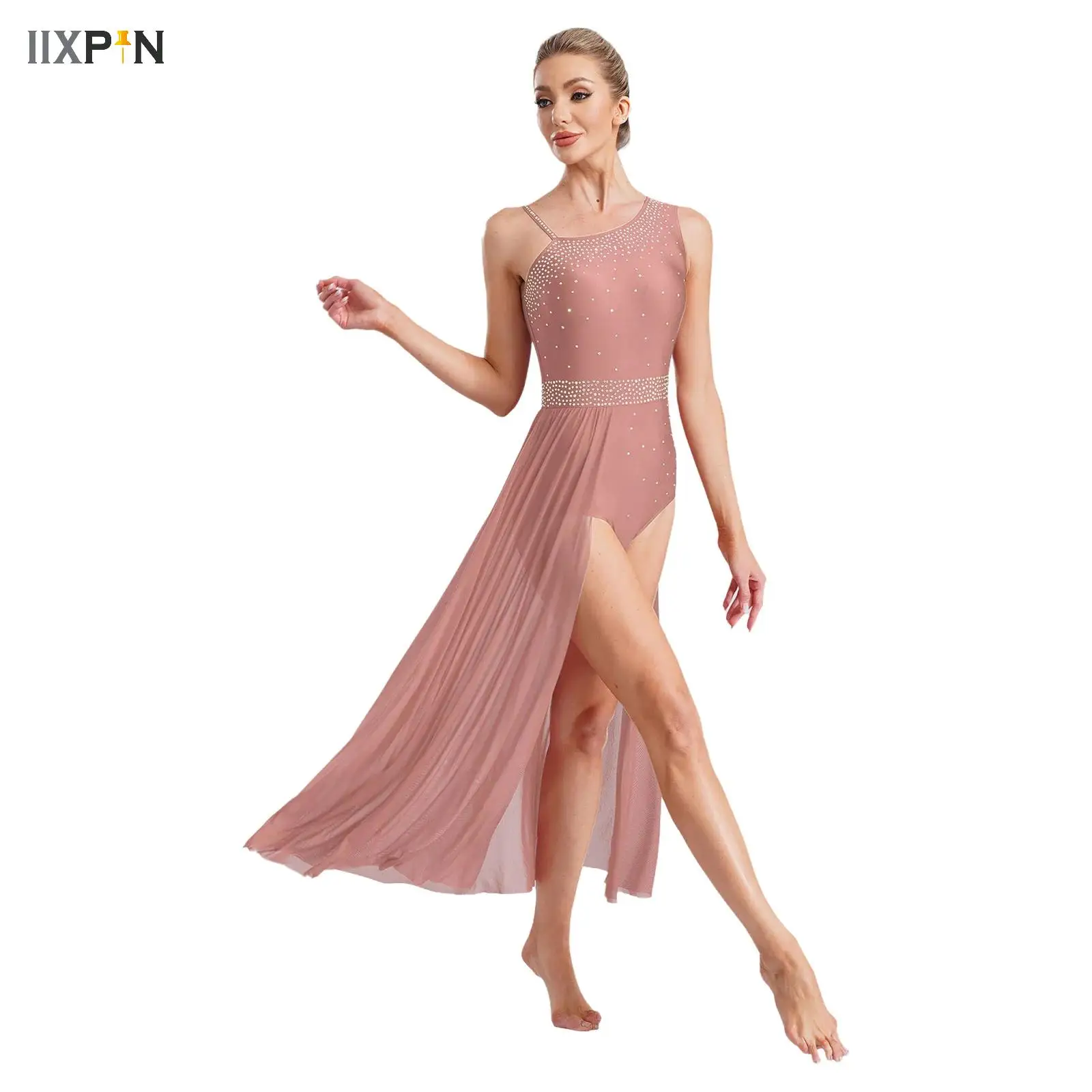 

Womens Lyrical Modern Dance Dress Asymmetrical Shoulder Sleeveless Ballet Dance Contemporary Dancewear Stage Performance Costume