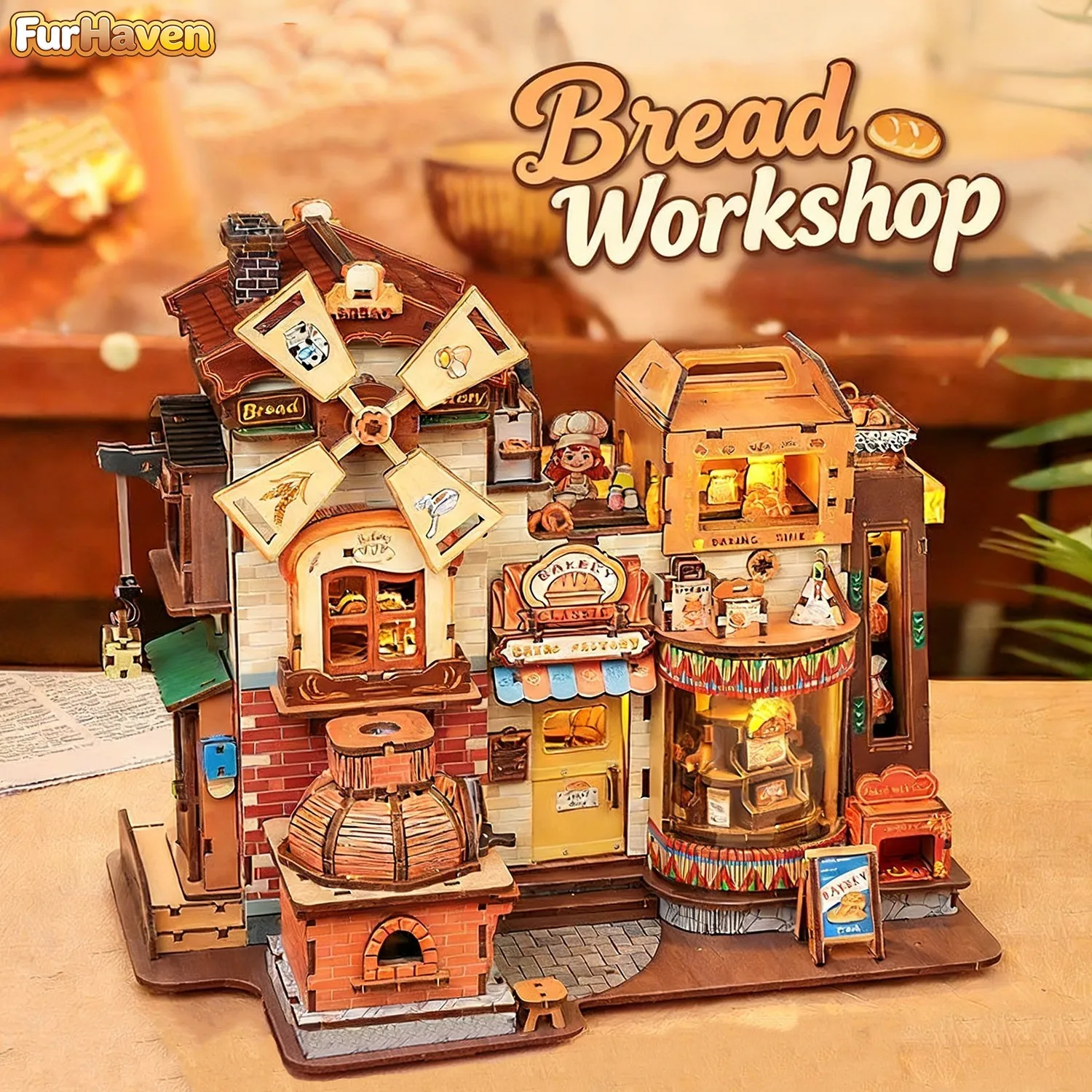 

FurHaven DIY Miniature Bread Workshop Music Box Kit with LED Light Touch Modes Building Toy for Adults Gift Home Decor Model