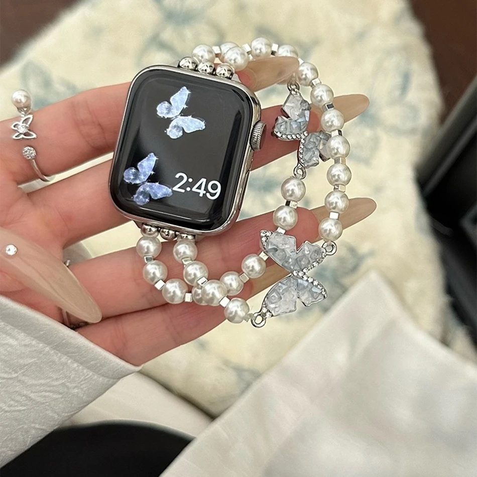 Luxuriöses Kristall-Schmetterlingsarmband für Apple Watch Band S11/10/9/8/7/SE/6/5/Ultra 3 Uhr 49/46/45/44/42/41/40/38 mm Perlenarmband – Detail 8