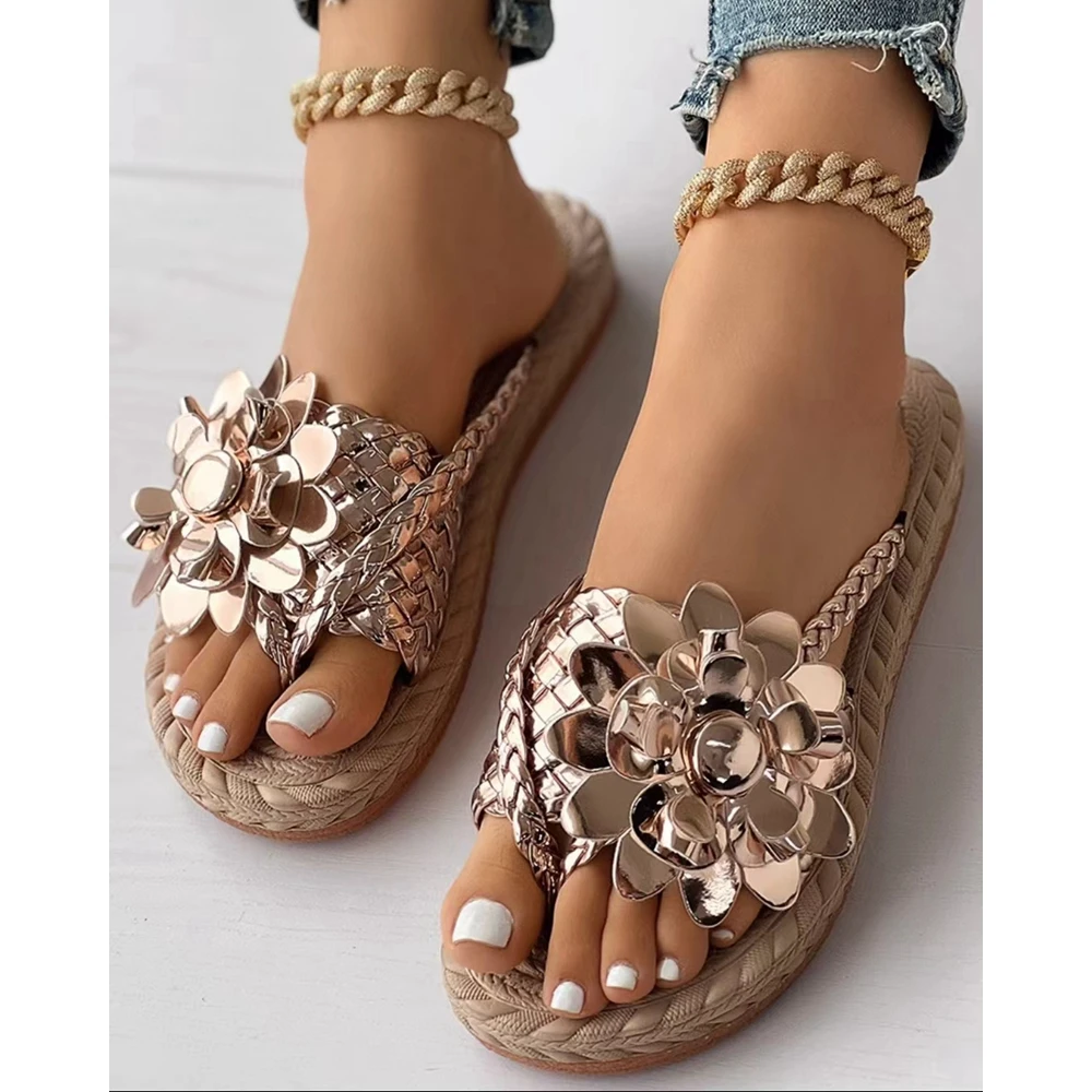 

Summer Women Shoes Trenzada Floral Pattern Slippers Outdoor Flip Flops Beach Fashion Round Toe Flats Slippers Braid Sandals Shoe