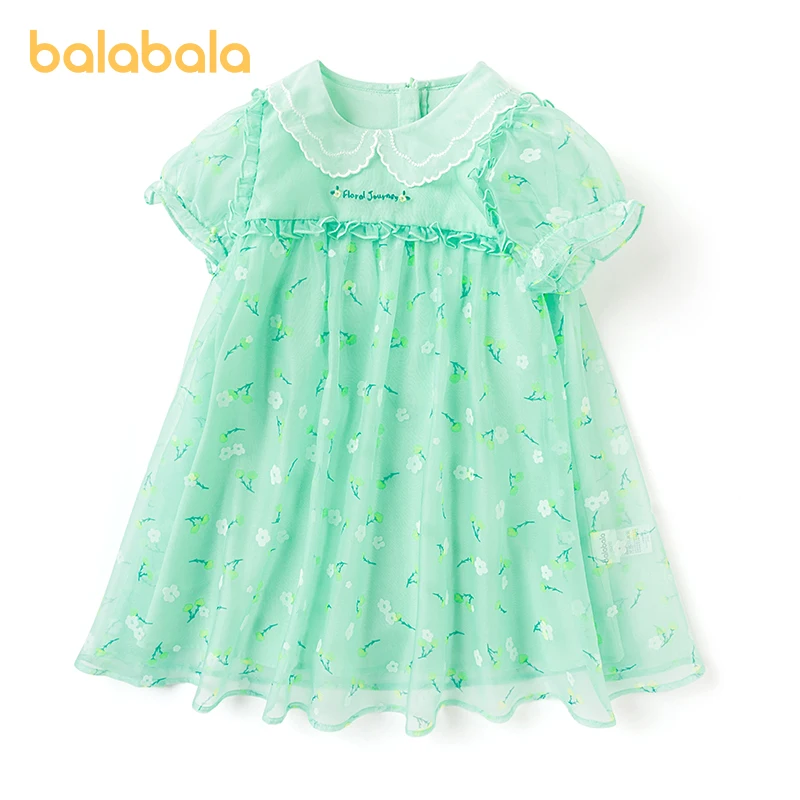 Balabala Children Dress Girls Toddler Baby Dress 2024 Summer New Girls A-line Dress Fresh Chiffon Floral Dress