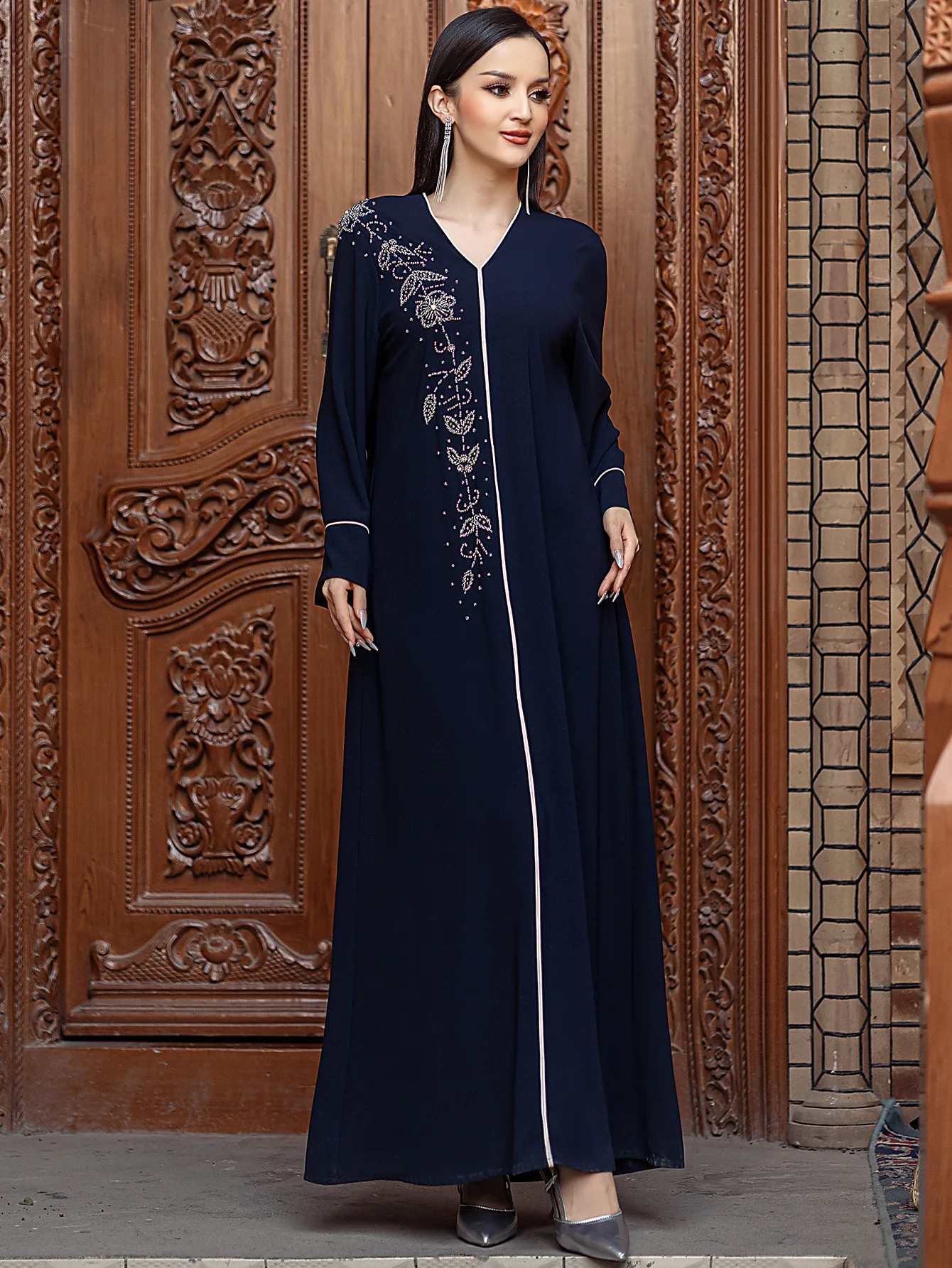 Abaya-Robe musulmane en dentelle pour femmes, manches longues, Dubaï, Turquie, Caftan, BA5218