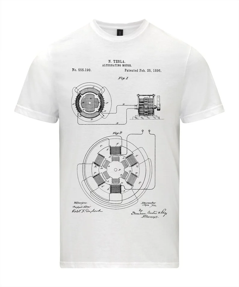 نيكولا تيسلا محرك التيار المتردد براءة اختراع مخطط مولد التيار المتردد تي شيرت شخصية عالية الجودة طباعة الرجال والنساء نفس النمط الشارع القمم
