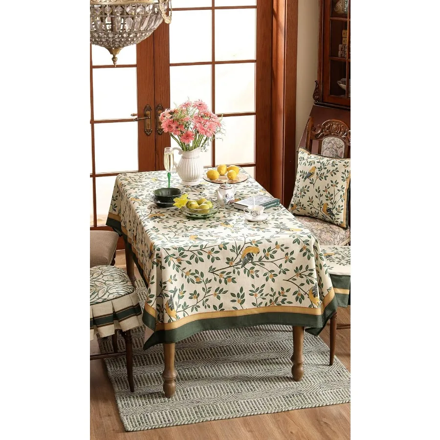 مفرش طاولة فرنسي مصمم لطاولة مستطيلة، مفارش مائدة بنمط طيور وأوراق شجر من الكتان الأخضر العتيق، غطاء ديكور للمطبخ #3