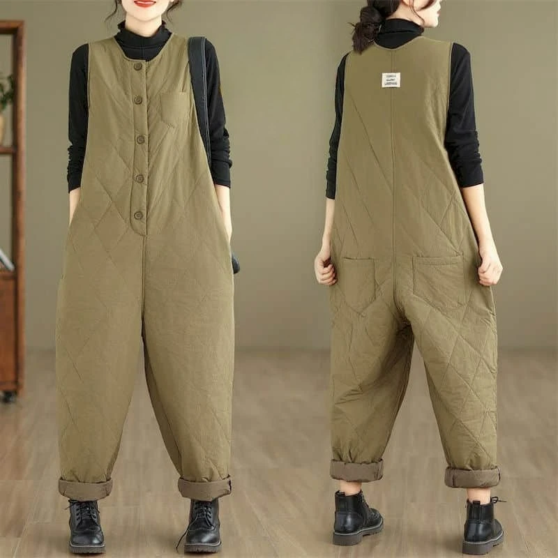 Oversized Jumpsuits Winter O-neck Cotton-padded Clothes High Waist Korean Style Casual Playsuits One Piece Outfit Women Clothing