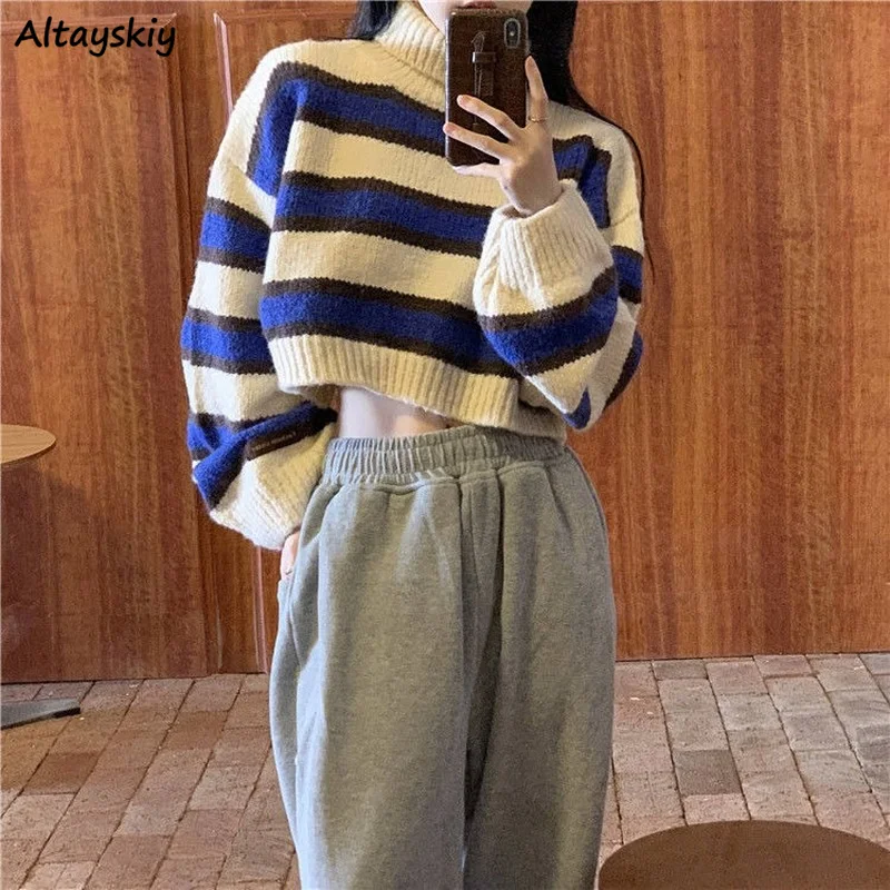 Pullovers Women Outwear Autumn Retro Turtleneck Knitted Sweaters Patchwork Striped Loose Casual Korean Style Soft Chic Trendy