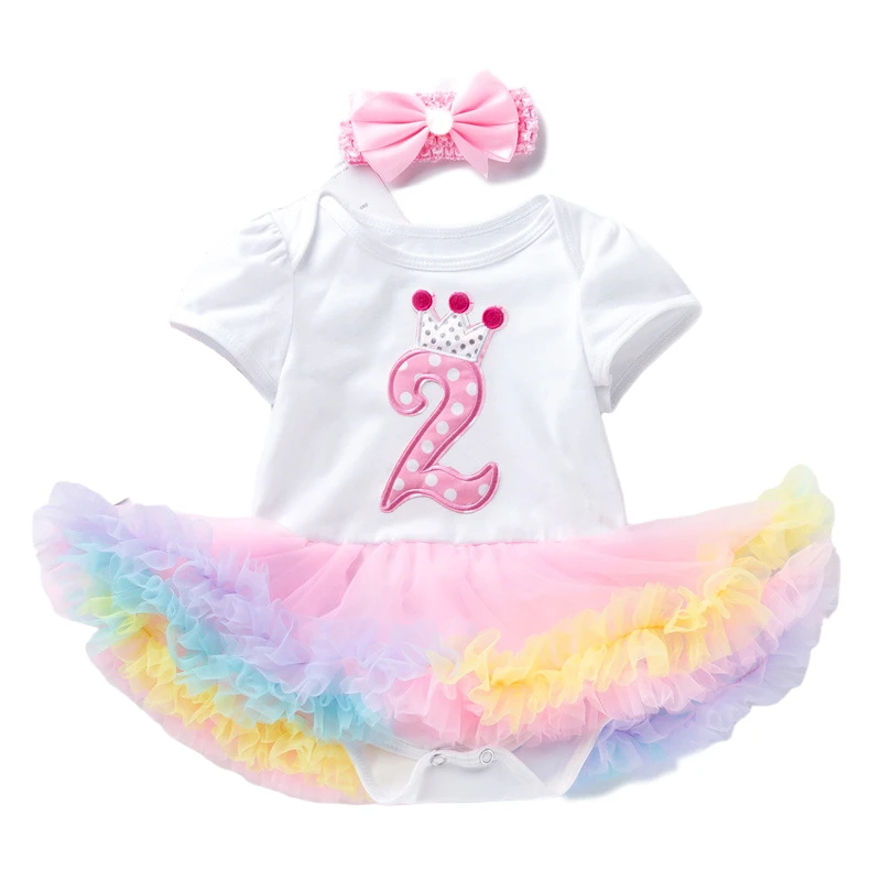 2nd Birthday Outfit 2 Year Old Romper Tutu Dress for Baby Girl Newborn Toddler Bodysuit Christening Gown with Flower Headband