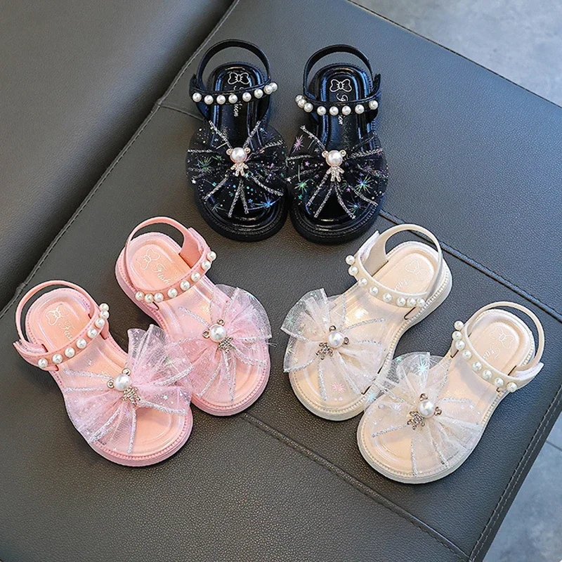 Summer Pretty Bow Beading Decoration Sandal For Aged 2-8 Girls Children Slippers Non-slip Seabeach Flip Flops Home Kids Shoes