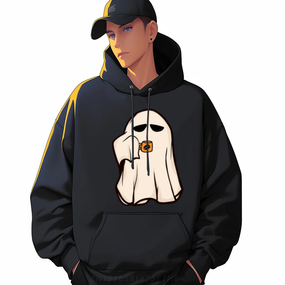 

Little Ghost Ice Coffee Happy Halloween Polyester Graphic Tees Luxury Brand Large Size Man Sweatshirts