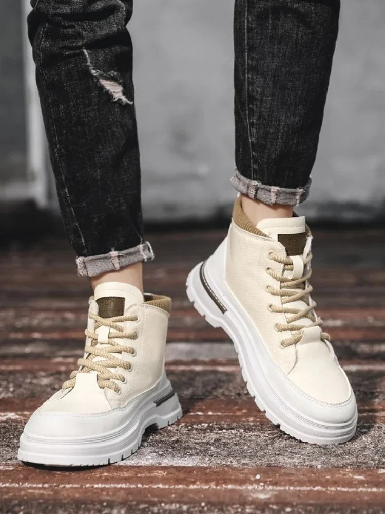 

Осень 2023, новые мужские высокие парусиновые удобные рабочие ботинки на шнуровке, молодежная студенческая нескользящая стильная обувь в стиле ретро