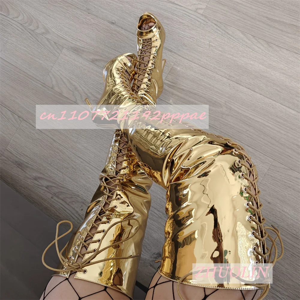 Summer Gold Cross Strap Sandals Boots Women'S Open Toe Stiletto Straight Thick-Soled Boots Sexy Party Trend Over-The-Knee Boots
