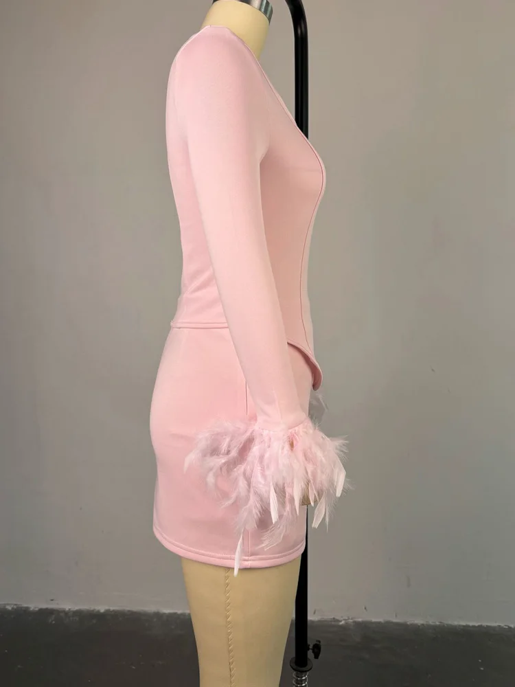 Beyprern Elegant Strapless Full Sleeve Feather Mini Dress Wedding Gusest Style New Chic Corset Top And Matching Set Pink Outfits