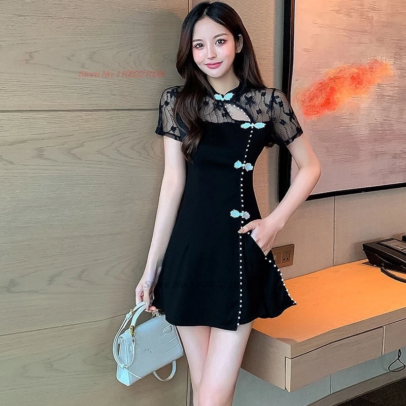 

2024 chinese nightclub dress qipao improved cheongsam dress lace patchwork qipao dress+shorts set oriental hotel spa work dress