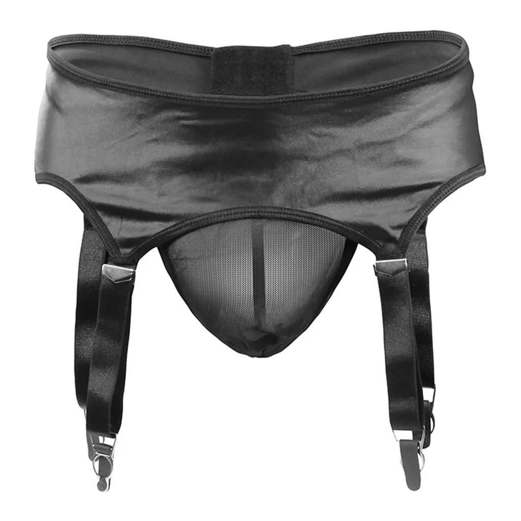 

Men's Faux Leather Garter Belt & Mesh Thong Set, Sexy Low-Rise Lingerie Kit