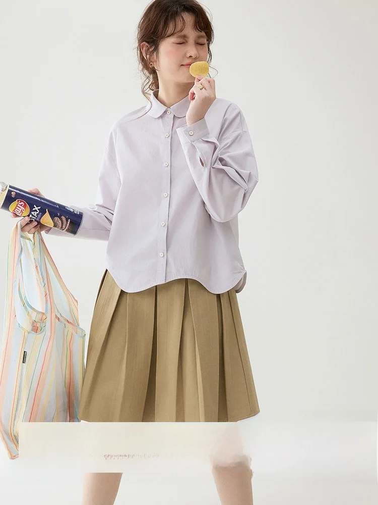 

AMUU Original Purple Long Sleeve Doll Collar Women's Shirt Spring New Style Age Reduction Arc Swing Hemline Comfortable Breat...