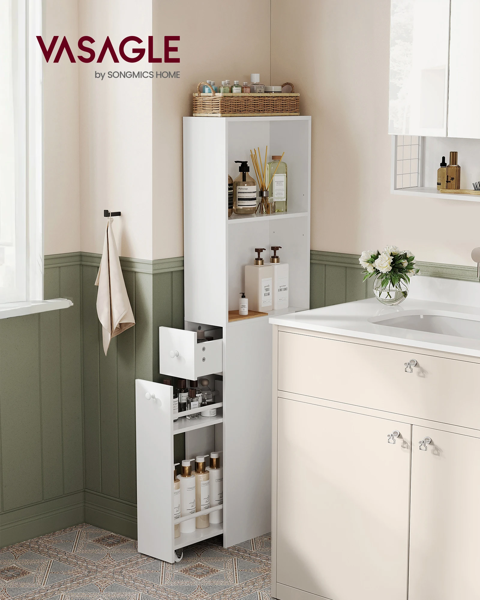 

Узкий напольный шкаф для ванной VASAGLE с выдвижными ящиками и регулируемой полкой, для небольших помещений