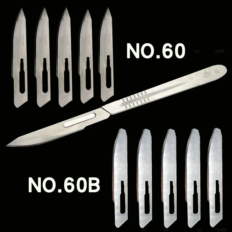 1 Handle and 5 Pcs of No. 60 Blade Set Swann-Morton Long Surgical Blade No. 60 Pointed Tip No. 60B Round Head Sharp Blade