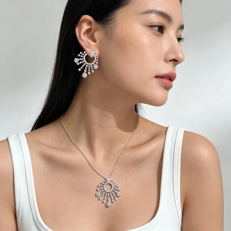 Women Sun Shape Cubic Zirconia Jewelry Set Fan Shaped Dangle Earrings Pendant Necklace Sparkling Daily Wear Jewelry